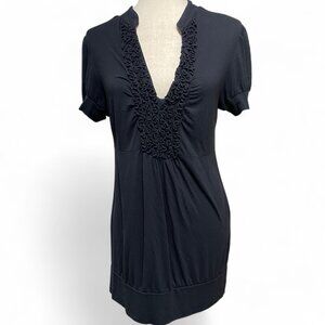 INC Y2K Women's Black Ruffle V-neck Babydoll‎ Banded Tunic Medium